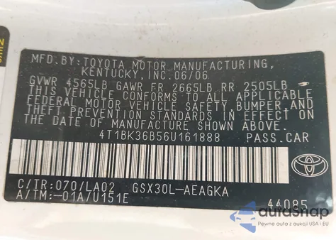 2006 Toyota Avalon Xls z USA, uszkodzony, nr VIN 4T1BK36B56U161888